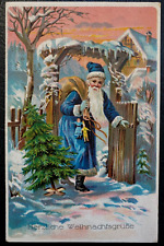 Blue Robe Santa Claus at Gate~in Snow w. Tree~Sack~1910~Christmas Postcard~k280 picture