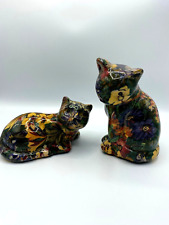 Pair Of Multicolor Glazed Lacquer Floral Cat Figures picture