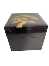 Vintage Black lacquer 3 Tier Box Decorated w/Golden Pines From Japan picture