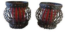  VINTAGE BLACK METAL CAGE CANDLE HOLDER SET 2 RED GLASS VOLTIVE MCM GOTHIC RETRO picture