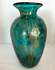 Teal Art Glass Vase with Gold Flakes Hand Blown 10