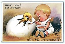 Little Kid Feeding Baby Chick Hatched Egg Don't You Like Chocolate Postcard picture