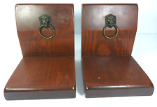 Vintage Wooden Bookends With Brass Lion Head Ring Accents picture