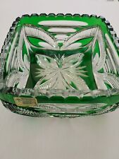 Vintage Cut To Clear Crystal Green Square Bowl German, 1980s, 6.5