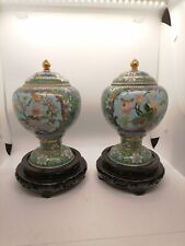 A pair of Chinese Cloisonne Brass & Enamel Red Floral Jar with Lid & Wooden base picture