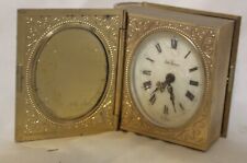 Vtg Seth Thomas Gold-Tone Book Frame Travel Alarm Clock Germany Mother Pearl picture