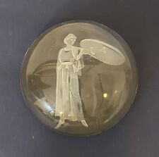 Beautiful Glass Paperweight Engraved Athena Clear Round Dome Shaped Glass 4” picture