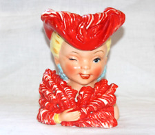 Vintage Rare Red Norcrest Lady Head Vase Feathered Fan Dancer Winking Eye picture