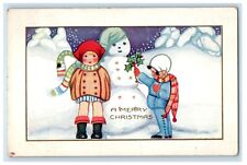 1924 Merry Christmas Two Girls Snowman Holly Winter Snowball Vintage Postcard picture