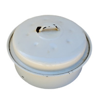 Vintage Round White Enamel Roasting Pan Pot Lid Farmhouse Country Kitchen Decor picture
