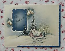 Vintage 1940s Christmas Cute Pink House Rural Snow Scene Embossed Greeting Card picture