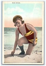 Beach Bathing Beauty Postcard Sand Artists Sunbathing c1930's Unposted Vintage picture