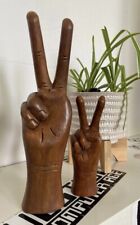 11” Hand Carved Wooden Peace Sign Hand Statue Fingers Handmade In Nepal picture