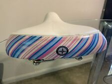 Vintage Original Schwinn Quality Bicycle Seat White With Pink Blue White Stripes picture
