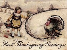 c1910 THANKSGIVING GREETINGS TURKEY YOUNG GIRL TINSELED EMBOSSED POSTCARD 34-62 picture