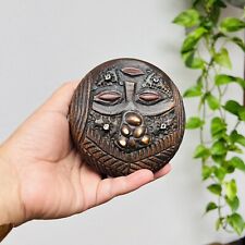 African Mask Carved Wood Dish Tribal Face Bowl Trinket Covered Handmade Vintage  picture