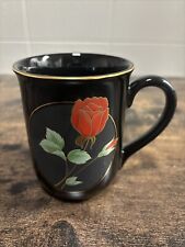 Vintage Porcelain Otagiri Coffee Tea Mug Cup Japan Red Rose on Black Gold Trim  picture