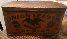 VINTAGE UNION LEADER CUT PLUG HINGED TOP TOBACCO TIN 6”X  3.75 “X  3” picture