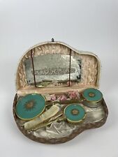 TEAL Sunburst Gold/Brass Handle Vanity Dresser Set With Original Box Vintage picture