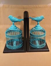 Large Bookends Metal Birds On Cages (Aqua Black) 10.5
