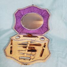 12 Pc Antique Vintage Grooming Dresser Vanity Nail Kit Set W/ Box Mirror picture