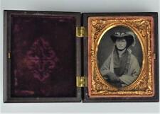 AMAZING 1860's 1/9 PLATE AMBROTYPE TINTYPE OF WOMEN WITH HAT-GUTTA  PURCHA CASE picture
