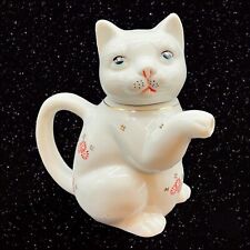 Vintage Lucky Cat China Porcelain Teapot Cream White Feline Red 5.5”T 4”W picture