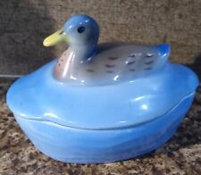 Vintage PV Czechoslovakia Ceramic Blue Duck Trinket Dish w/Lid No Flaws 5 x 3.5