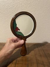 Vintage Hand Held Wooden Vanity Mirror with Stained Glass & Silver Medallion picture