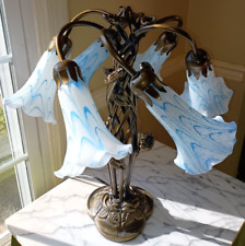 STUNNING Meyda Tiffany Style Downturned Lily Bronze Table Lamp, white & blue  picture