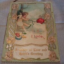 Vintage Valentine Card  Booklet Cupid Heart Flowers To One I Love Flowers Birds picture
