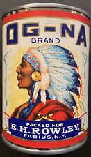 1950s OG-NA Brand Label & Tin Native American Chief on the front - Fabius, N.Y. picture