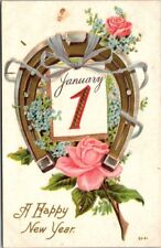 Early 1900's A Happy New Year Horseshoe #1 Roses Embossed Antique Postcard B16 picture