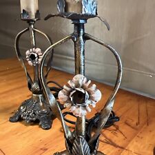 Pair 13” Antique CAST METAL Art Deco Floral Candlestick Lamps Work Roses Hubley picture
