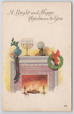 Merry Christmas Greeting Stocking, Candle, Fireplace 1924 Divided Back Postcard picture