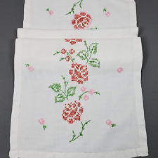Vintage Hand Crafted Cross Stitch Table Runner 13x36 Inch Red Pink Rose picture