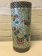Vtg Chinese Large / Tall Brush Washer or Cylinder Vase w/ Butterflies & Flowers picture