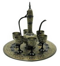 Hand Crafted Metal Brass Wine Set with NAKKASHI Work, Wine Glass Set+AFTABA Art picture