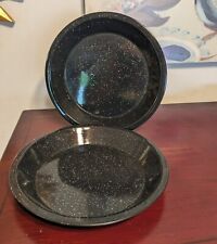 Vintage Black Speckled Enamelware Two Deep Pie Plates Camping Fire Metal EUC picture