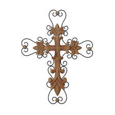 Brown Wood Carved Cross Wall Decor with Metal Scrollwork picture