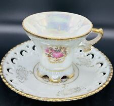 Vintage Enesco Japan Couple Dancing Teacup & Saucer Iridescent White Gold China. picture
