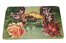 Antique 1909 Embossed Color Birthday Greetings Post Card Swan Rose #1D picture