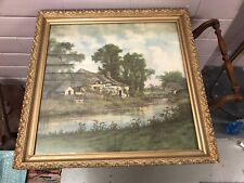 ANTIQUE VTG BEAUTIFUL SQUARE GOLD GESSO FRAMED COUNTRY COTTAGE SCENE 26 1/4” picture