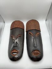 Vintage African Hand Carved Wooden Tribal Mask Wall Hanging Pair 21”x7.5” picture