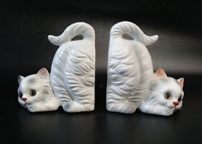 Vintage Lefton Fluffy White Cat Kitten Bookend Figurines picture