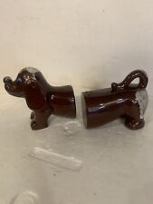 Vntg Dachshund Wiener Dog Salt & Pepper Shaker Set Drip Glaze Pottery NICE See picture