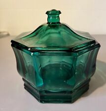 Vintage Teal Green Indiana Glass Candy Jar Dish Covered Octagon picture