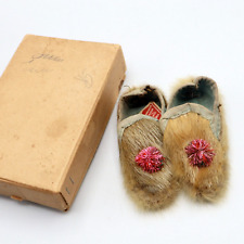 Antique Miniature Fur Mocassins Canada Handmade in Box B31 picture