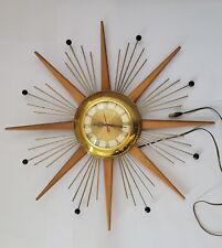 Vintage Sun Burst Wooden & Brass Wall Clock picture