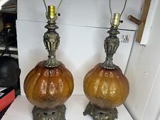PAIR Vintage Falkenstein Mid Century Amber  Glass Globe & Brass Finish Lamps picture